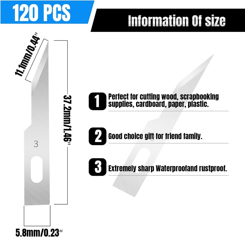 QIMAOO 120 Pcs Exacto Knife Blades, #3 High Carbon Steel Hobby Knife Blade Refills Hobby Knife Replacement Blades for Craft, Scrapbooking, Stencil - Image 2